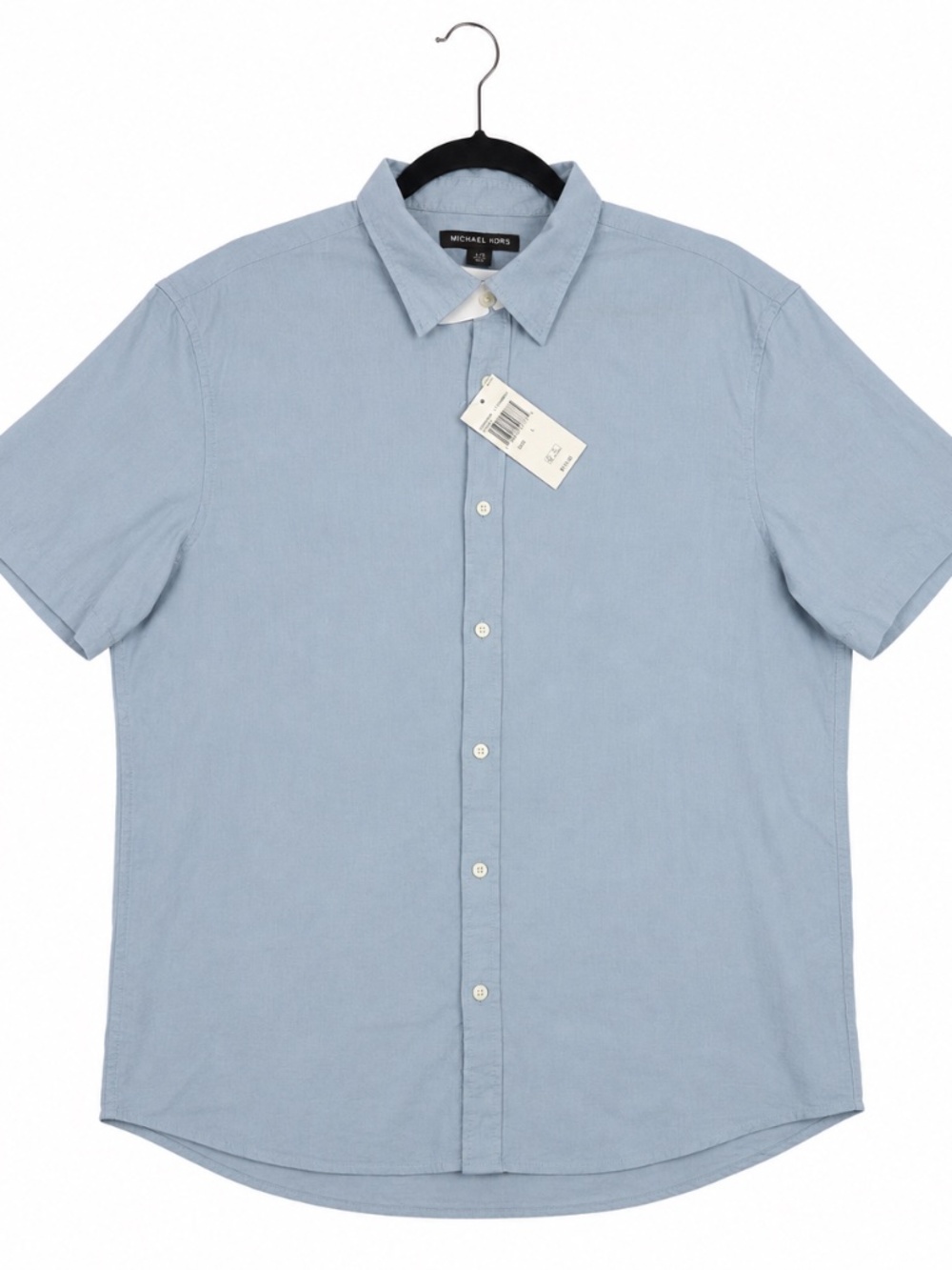 Share Michael Kors Shirt Mens Large L Light Blue Chambray Casual Short Sleeve NW